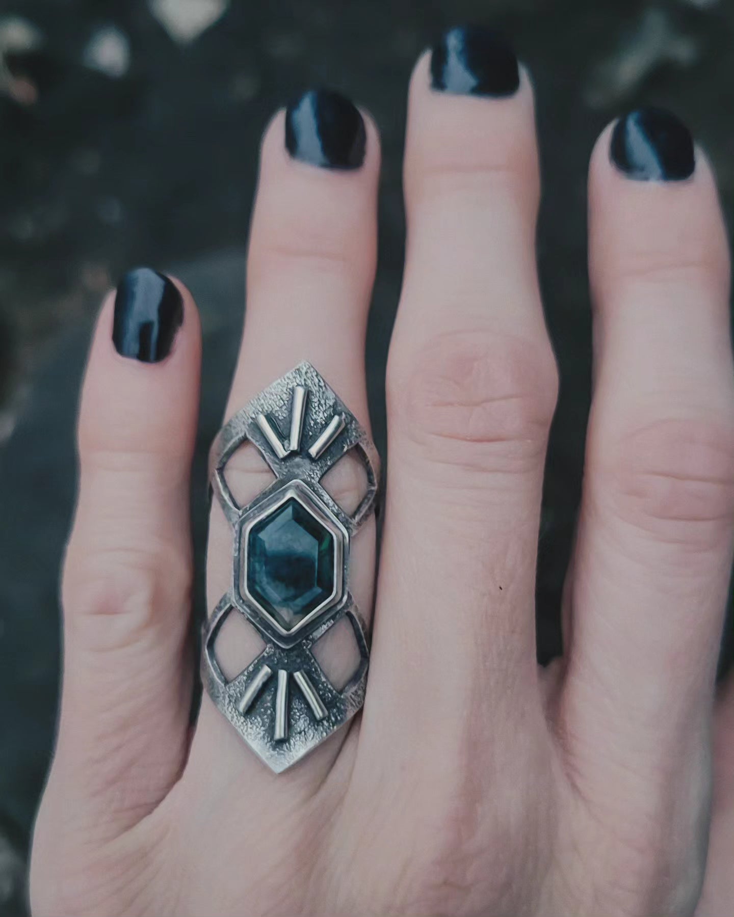 Moss Agate Shield Ring