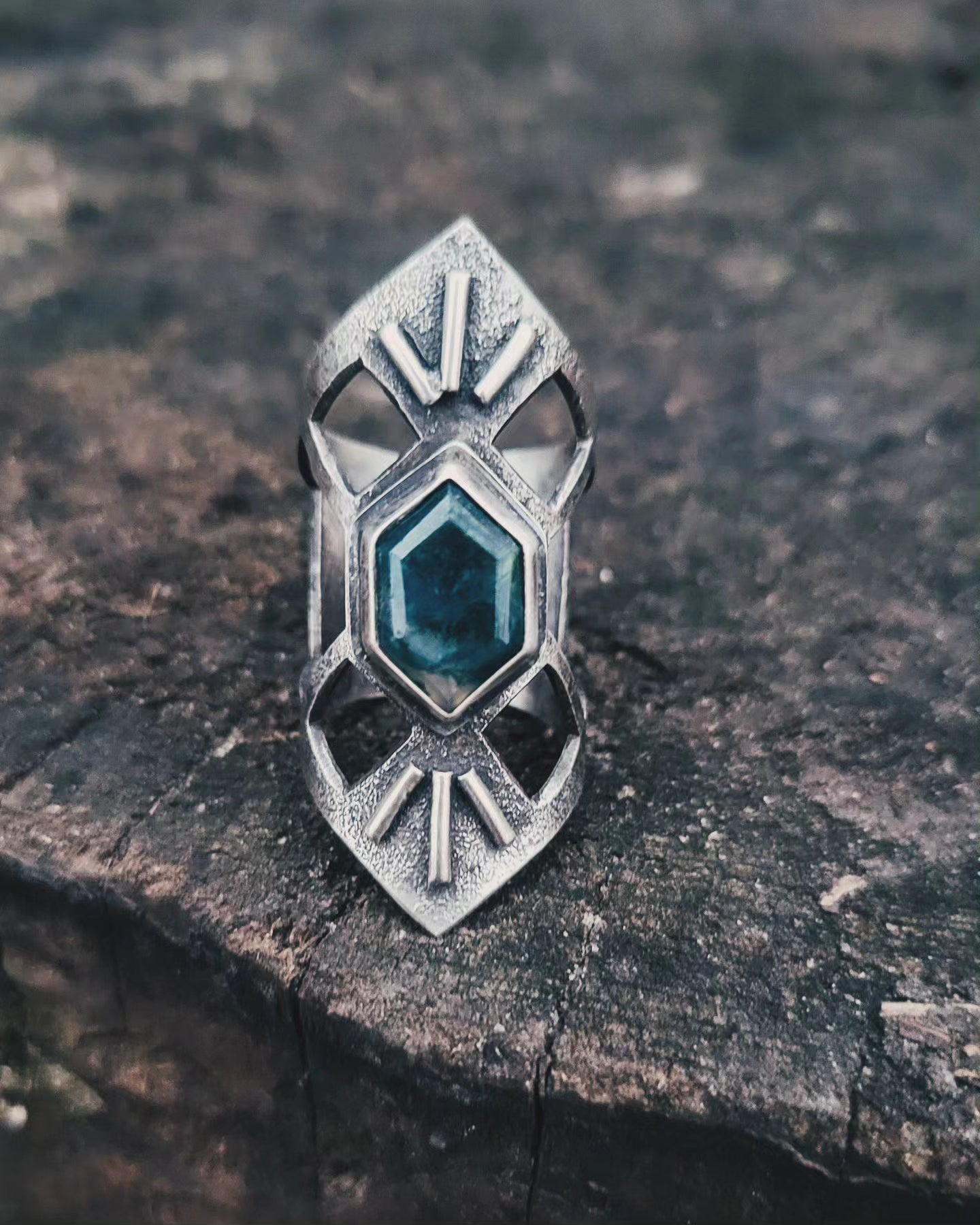 Moss Agate Shield Ring