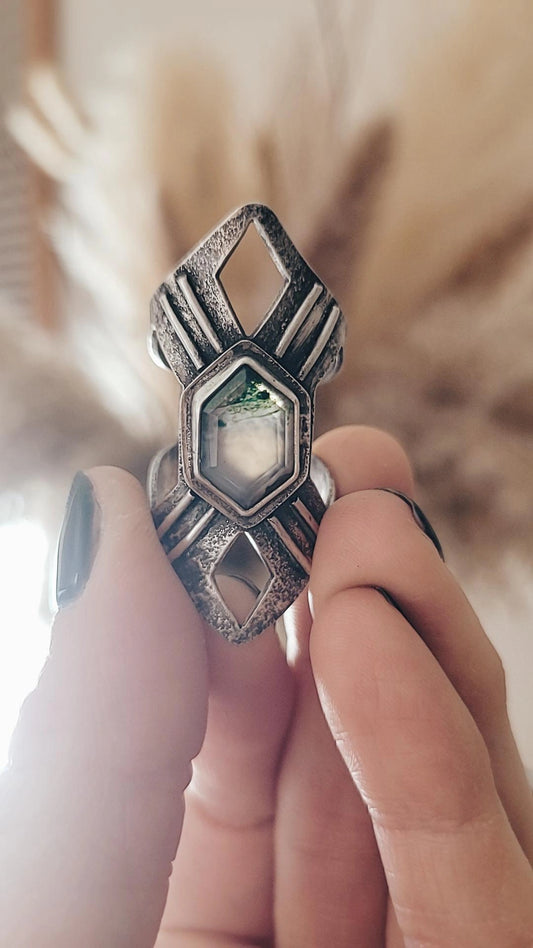 Moss Agate Shield Ring