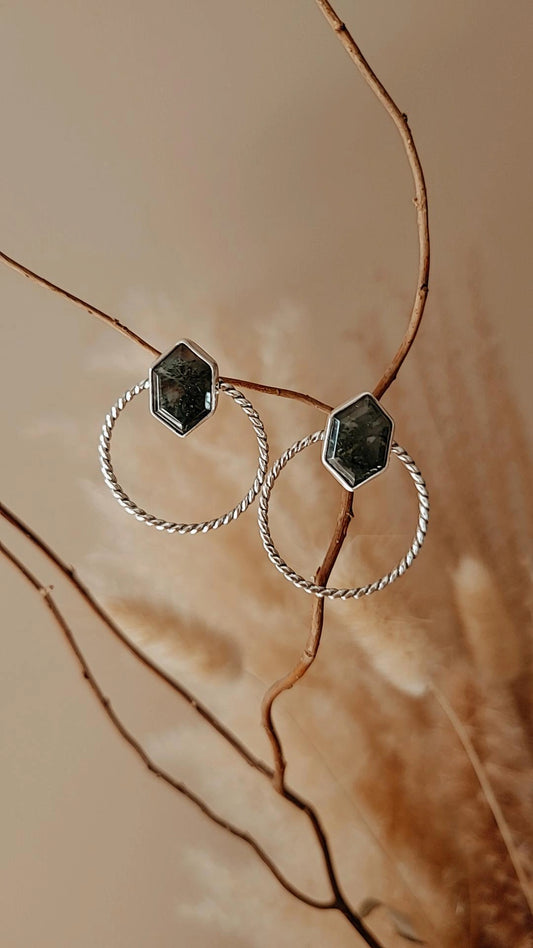 Moss Agate Hex Studs