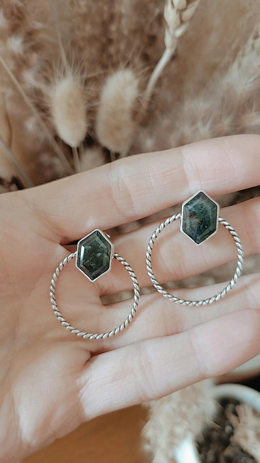 Moss Agate Hex Studs